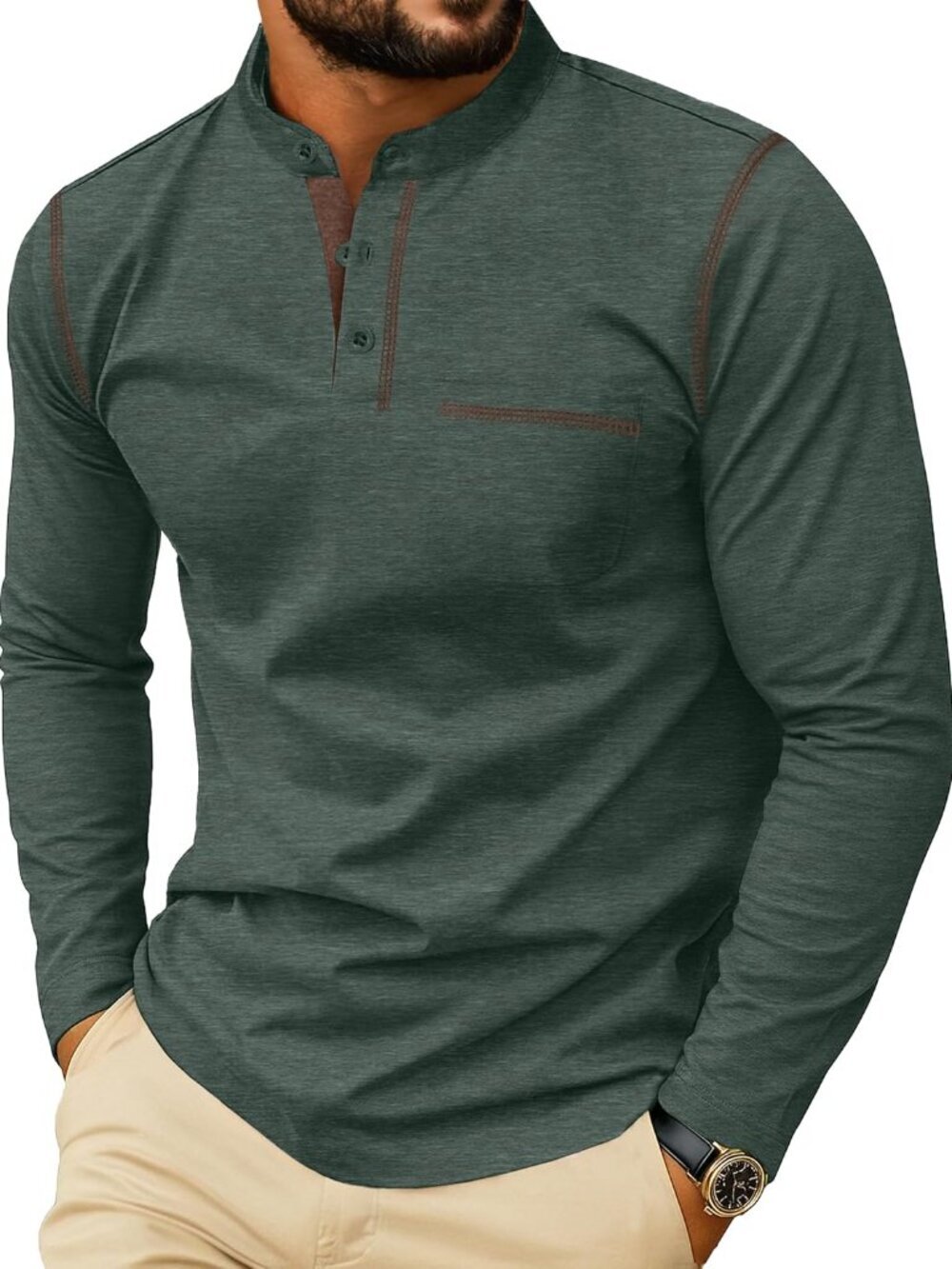 Men's Henley Shirts Long Sleeve Button T-Shirt Casual Stylish Cotton Pullover Sh